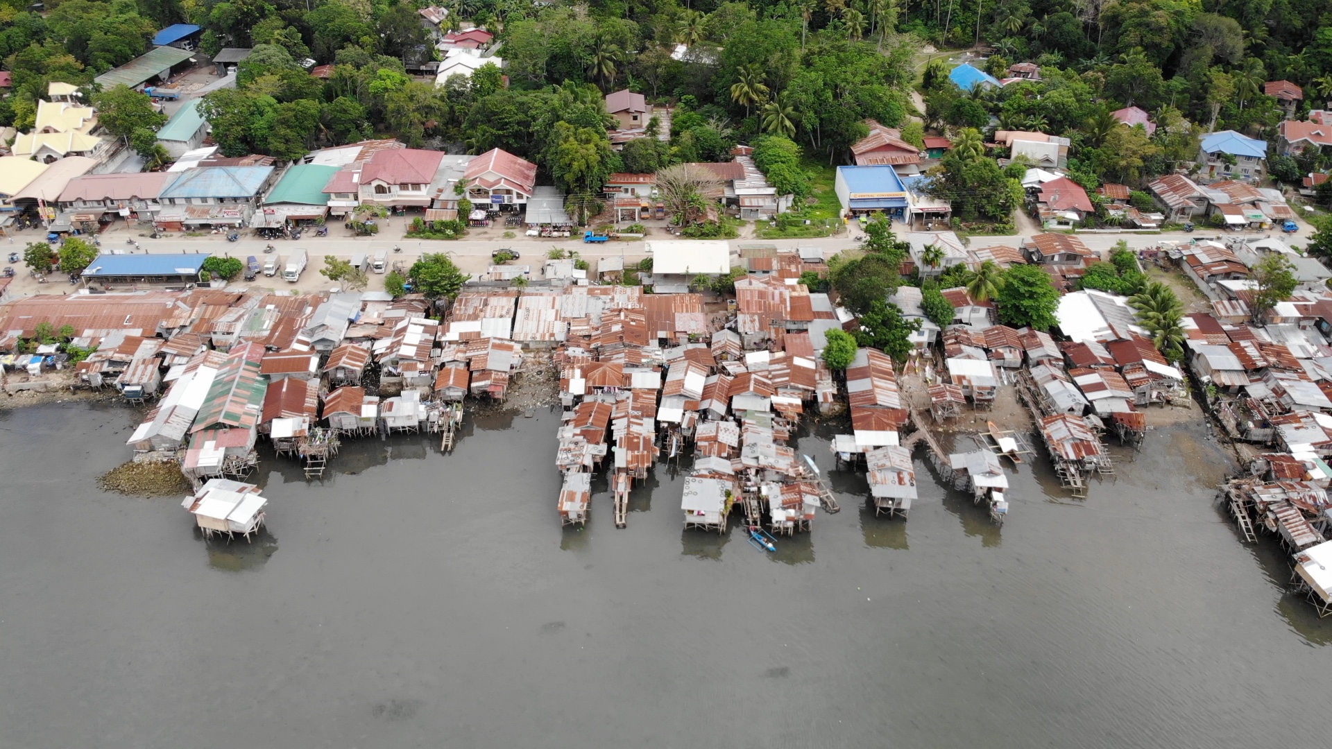 Drone Panorama of a Fishing Village on Gloomy Day