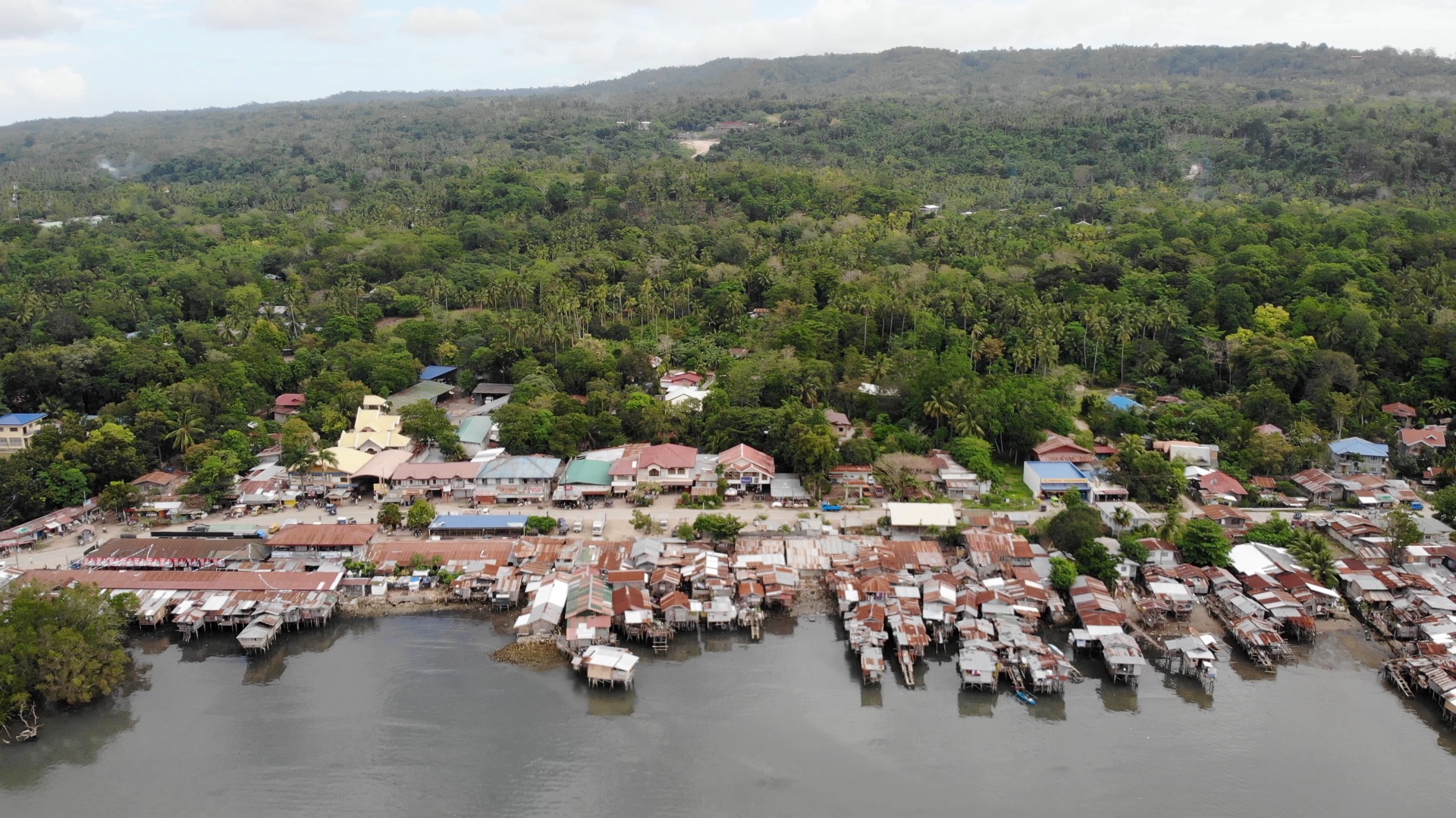 Drone Panorama of a Fishing Village on Gloomy Day